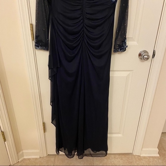 XSCAPE Lace Embroidered Sheer Long Sleeve Gown in Navy Blue - Picture 9 of 11
